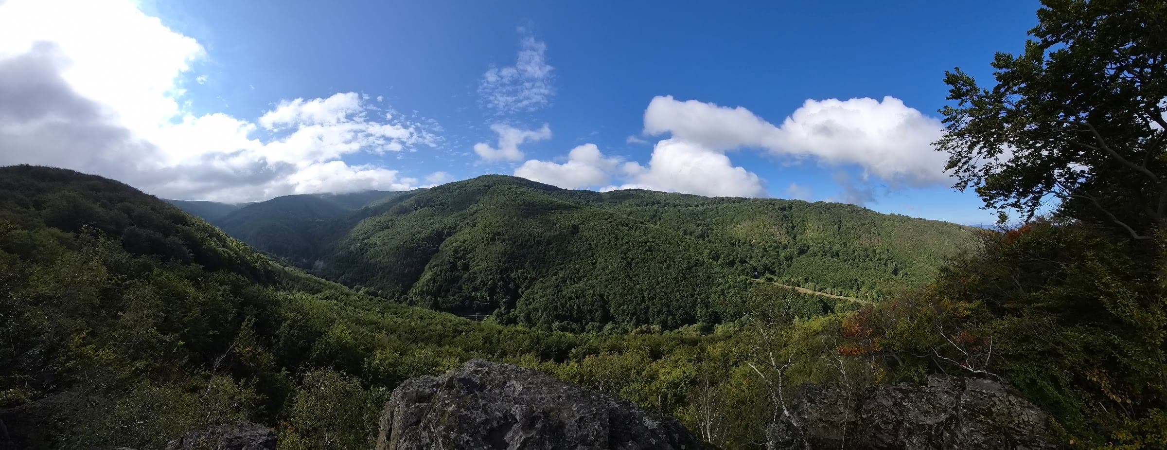 Výhľad z Trojkráľovej skaly na zalesnené kopce nad dolinou.
